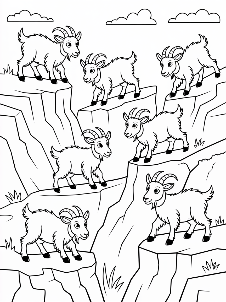 Adventurous mountain goats on a rocky cliffside - Free Coloring Page