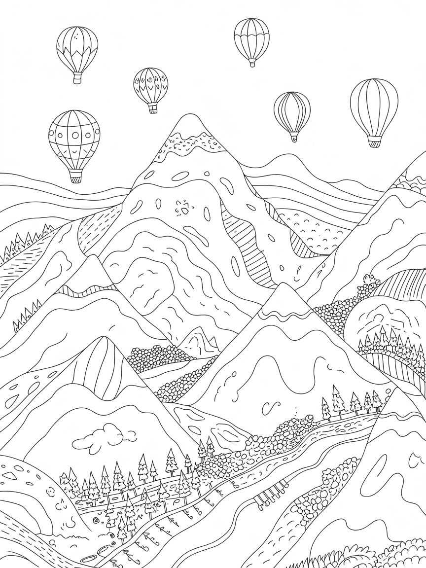 Aerial view of a mountain landscape with hot air balloons - Free Coloring Page