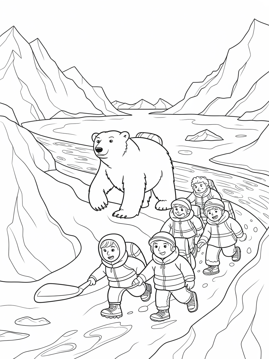 Polar bear expedition across icy mountain peaks - Free Coloring Page
