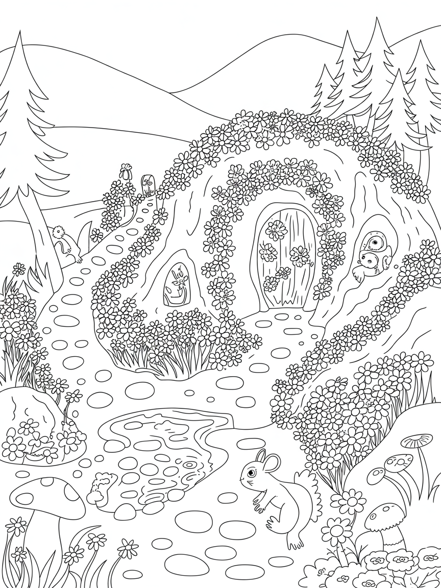 Mountain-side secret garden with hidden fairy doors - Free Coloring Page