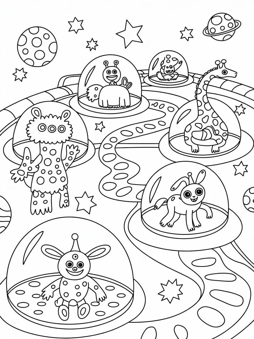 Spaceship zoo with extraterrestrial animals - Free Coloring Page