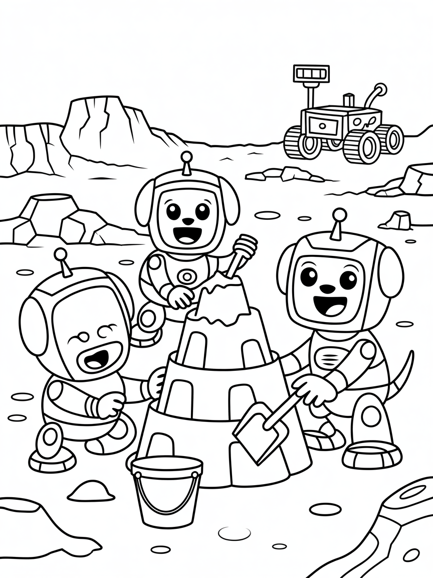 Robot puppies building a sandcastle on Mars - Free Coloring Page