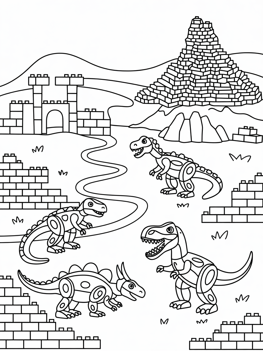 Lego landscape featuring robotic dinosaurs - Free Coloring Page