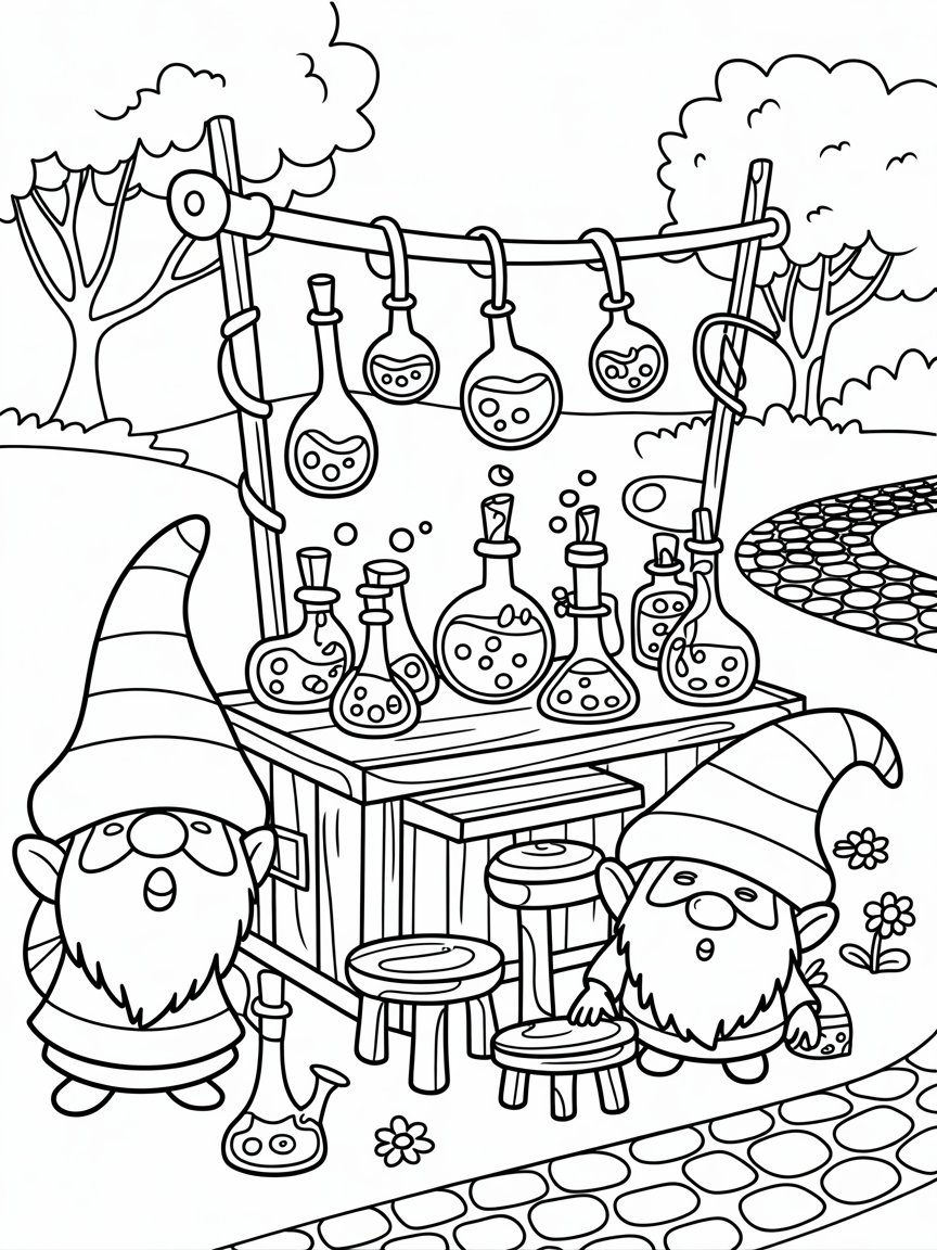 Magic potion stand run by eclectic gnomes - Free Coloring Page