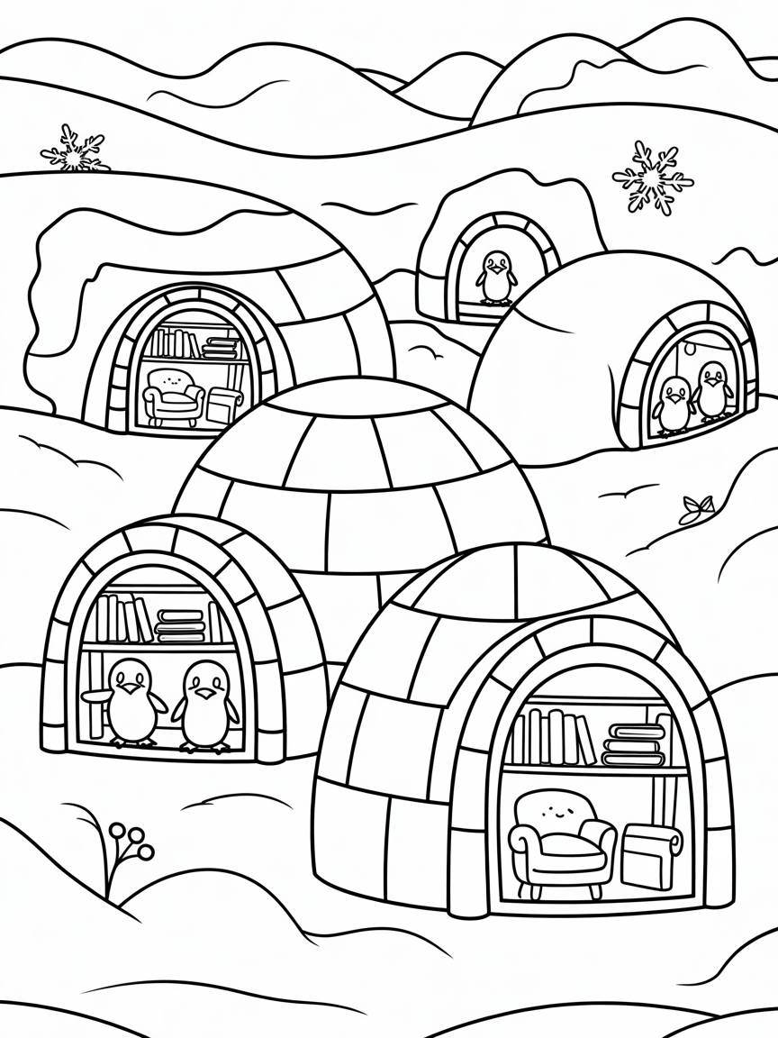 Frosty igloos with cozy penguin libraries - Free Coloring Page