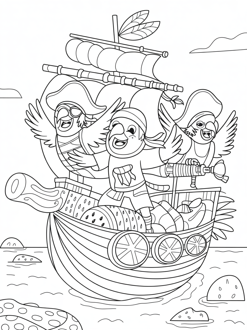 Parrot pirates setting sail on a fruit ship - Free Coloring Page