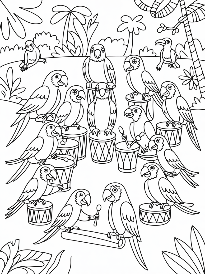 Parrots hosting a jungle drumming circle - Free Coloring Page