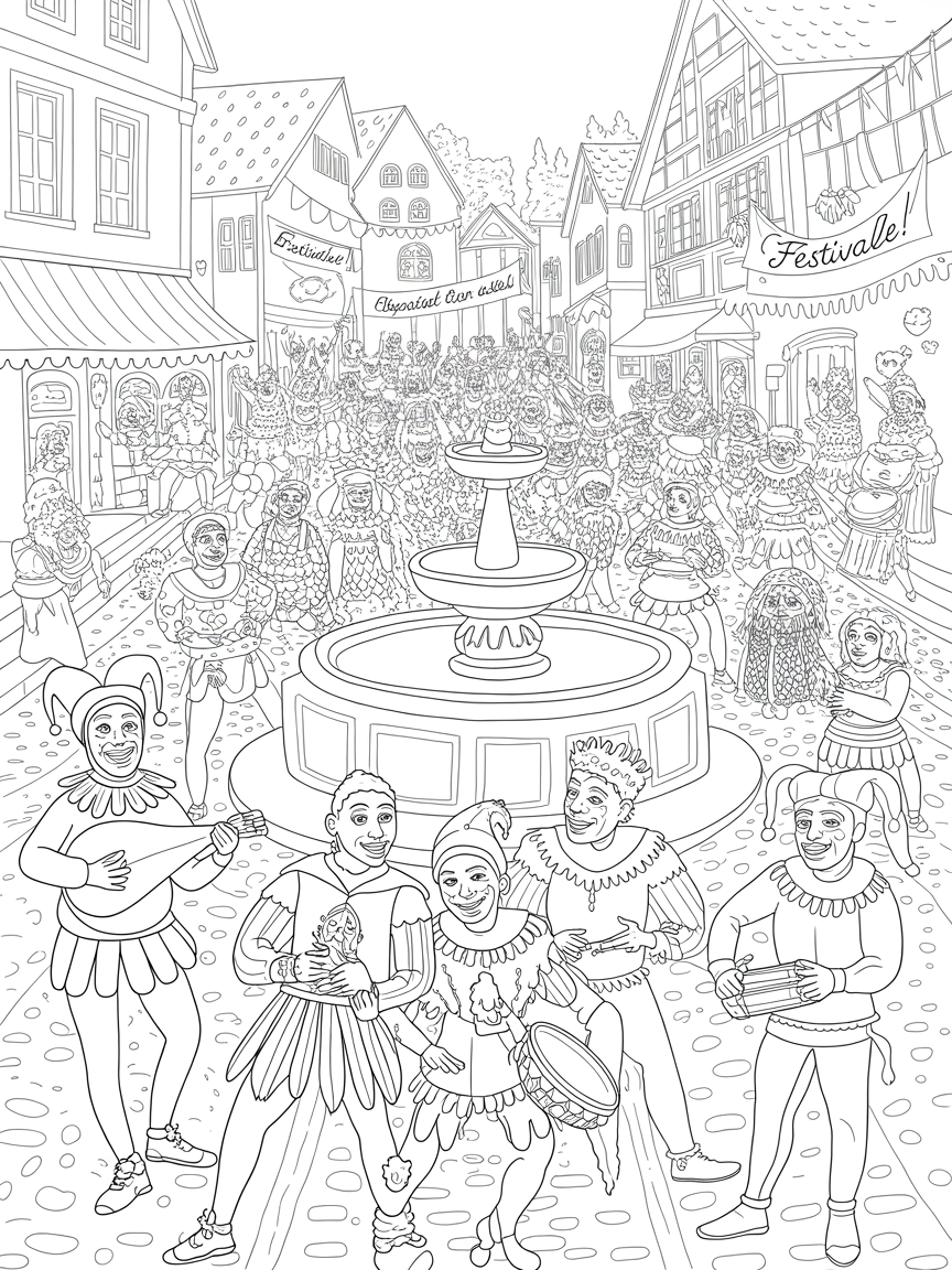 Medieval town square with masked festival performers - Free Coloring Page