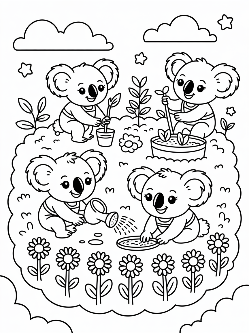 Koalas gardening in a floating cloud plot - Free Coloring Page