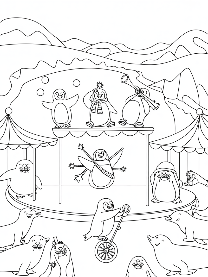 Polar carnival complete with penguin performers - Free Coloring Page