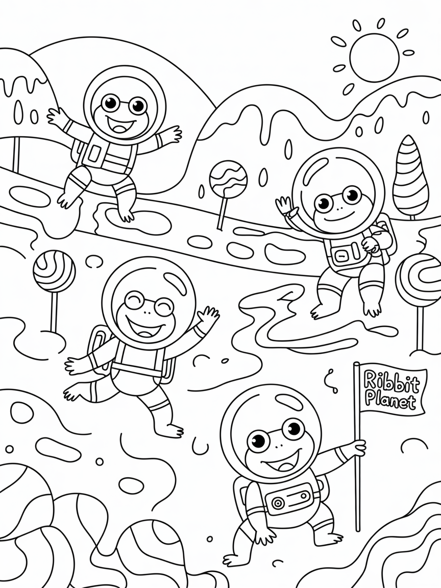 Astronaut frogs exploring a candy planet - Free Coloring Page