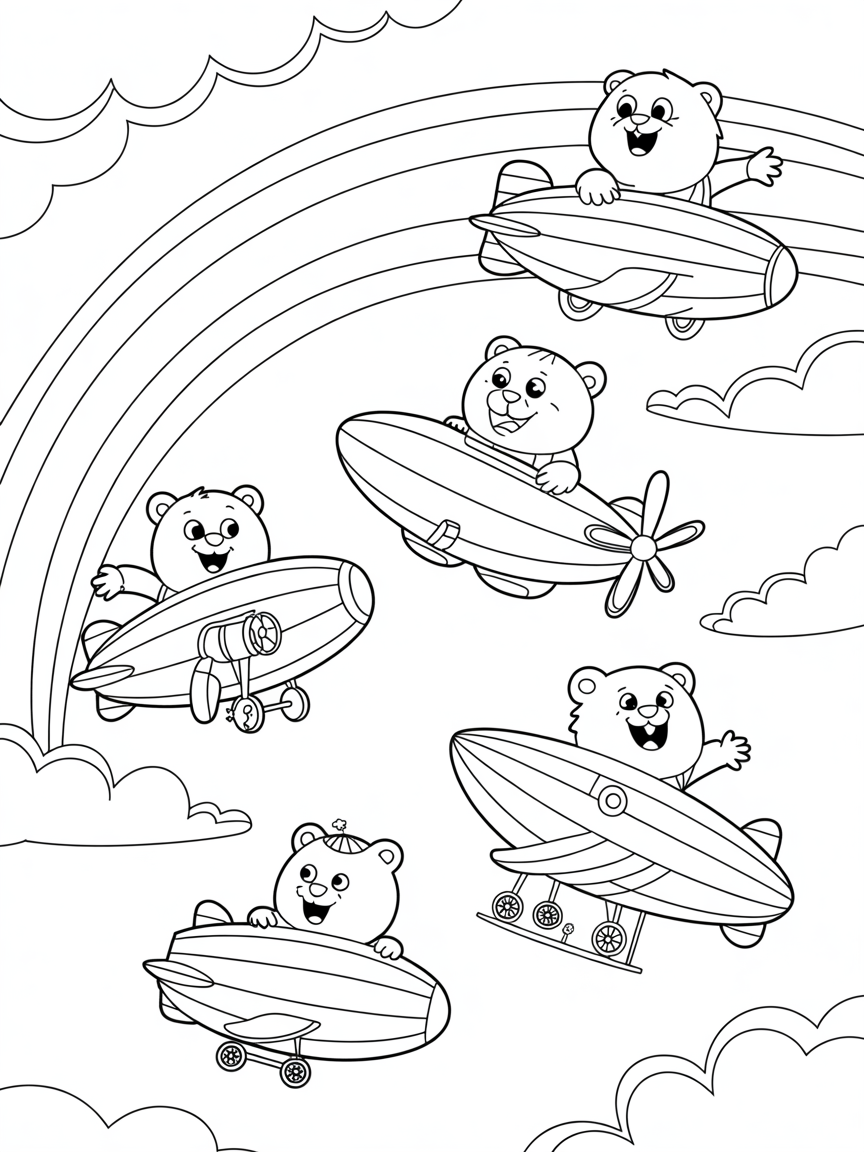 Wombats piloting vintage airships through rainbows - Free Coloring Page