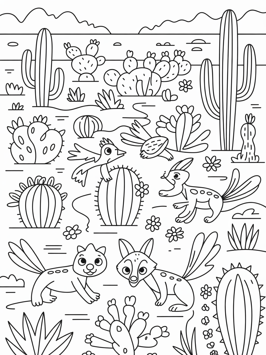 Cactus kingdom with playful desert critters - Free Coloring Page