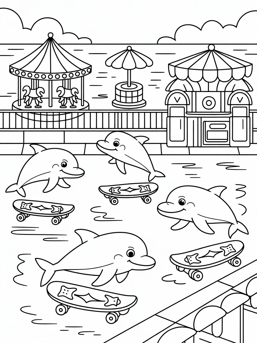 Skateboarding dolphins in a coastal amusement park - Free Coloring Page