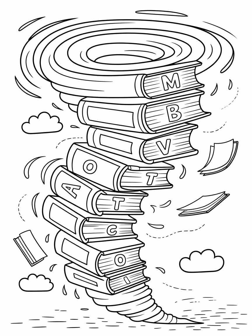 Flying books creating an alphabet tornado - Free Coloring Page