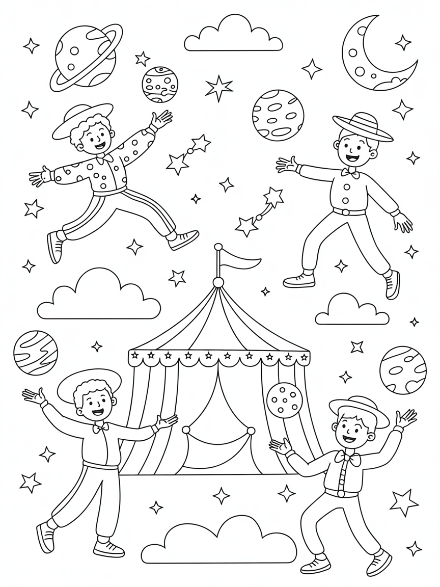 Starry night circus with cosmic jugglers - Free Coloring Page