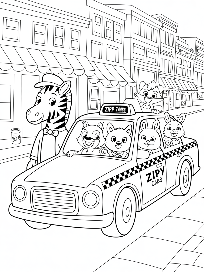 Zebra taxi service in a bustling animal city - Free Coloring Page