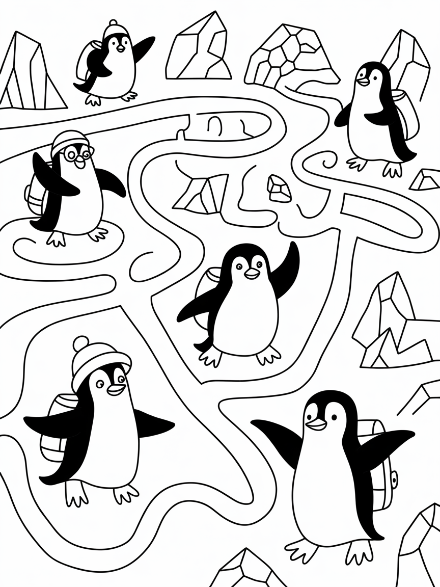 Treasure-seeking penguins in an iceberg maze - Free Coloring Page