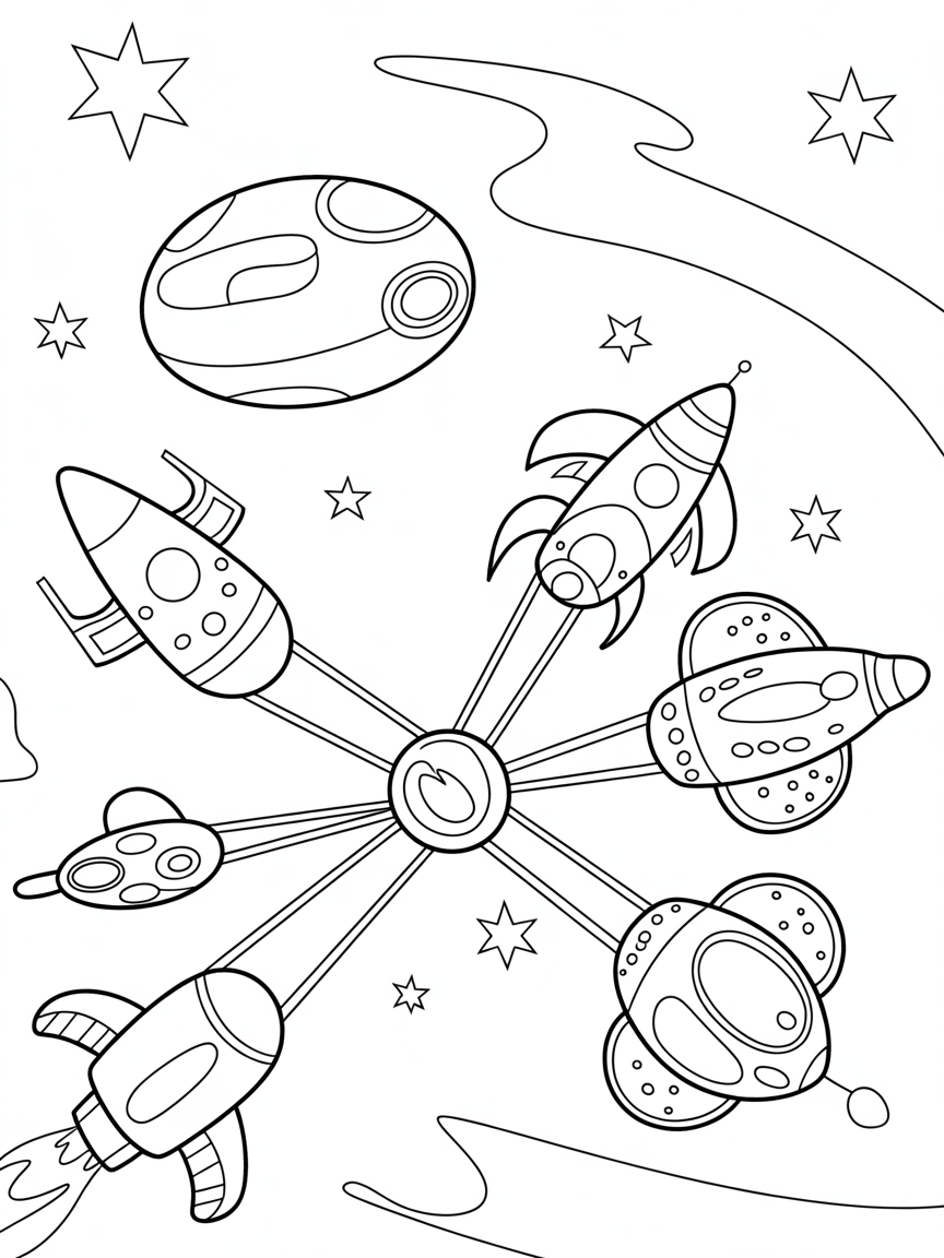 Spacecraft carousel orbiting a twinkling star - Free Coloring Page