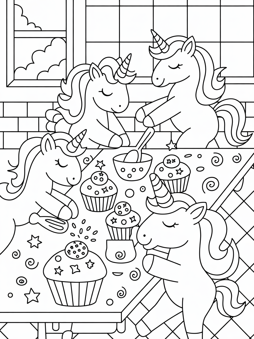 Magical unicorns baking stardust cupcakes - Free Coloring Page