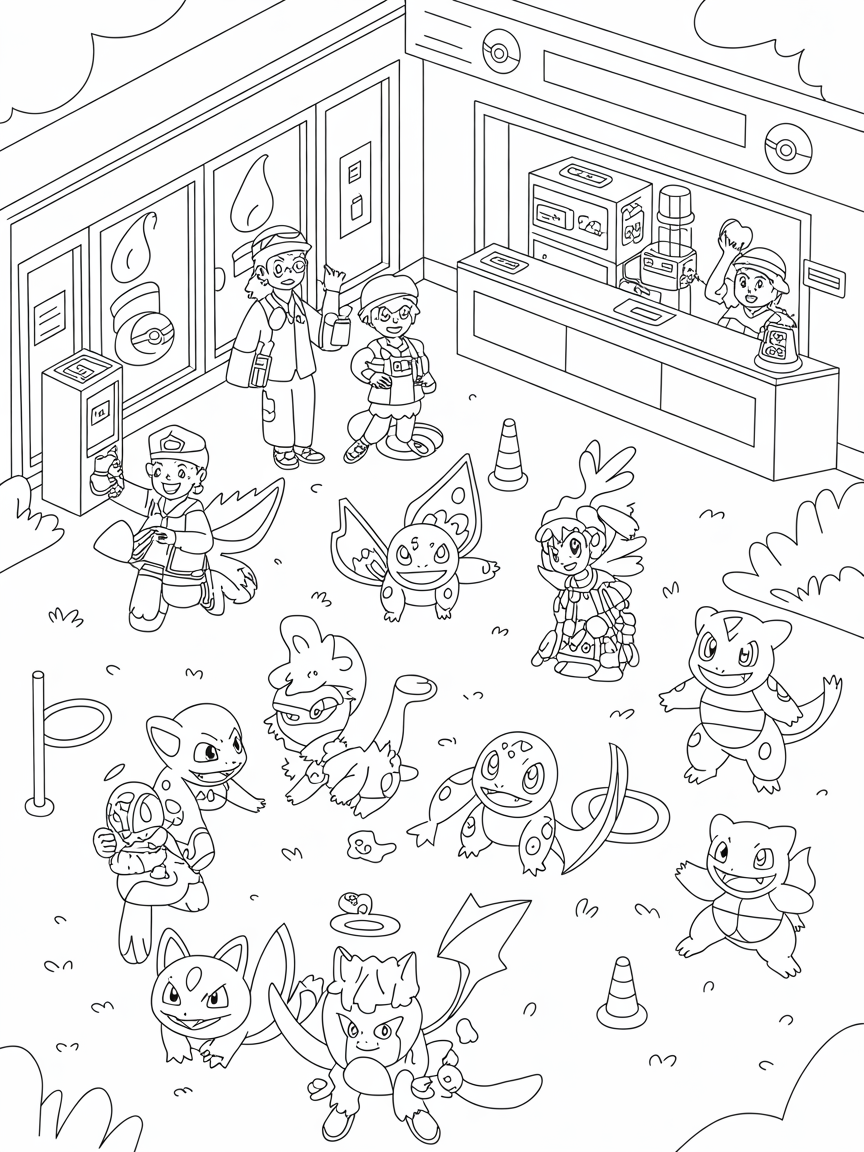 pokemon centre with all the gen 1 starters - Free Coloring Page