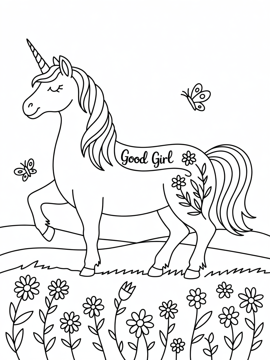 Unicorn with a good girl - Free Coloring Page
