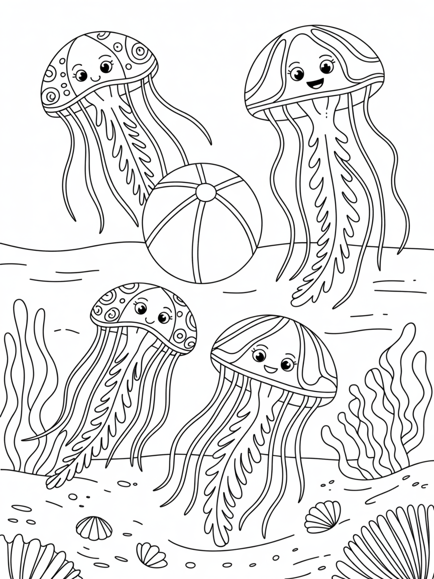 Jellyfush playing with a ball at the beach - Free Coloring Page