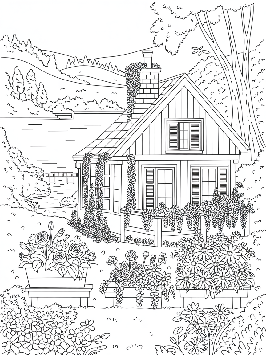 A beautiful house with a lake and flowers with green landscapes - Free Coloring Page