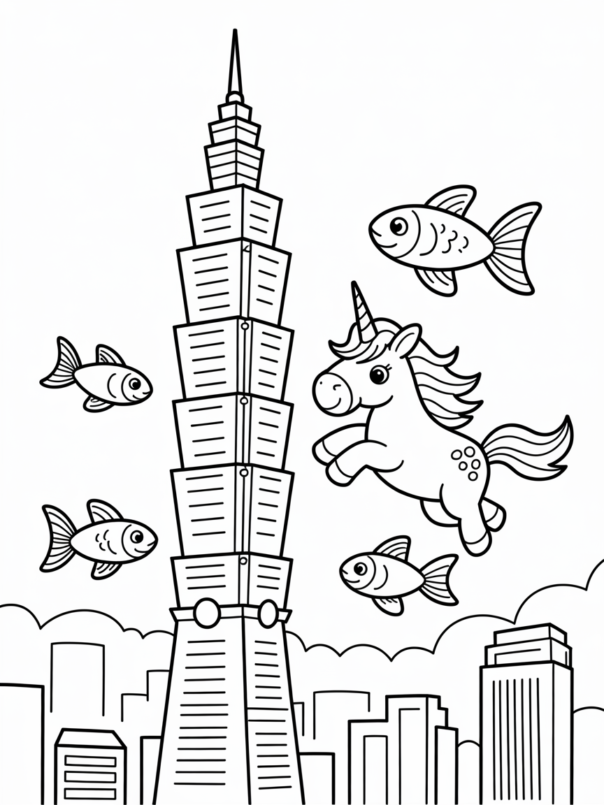 Taipei 101 with a unicorn and flying fish - Free Coloring Page
