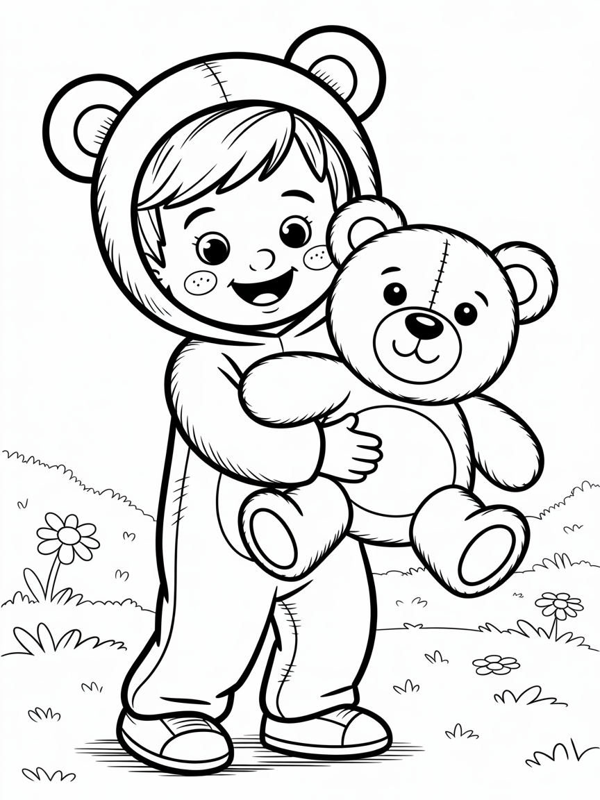 Boy wearing bear suit and holding bear - Free Coloring Page