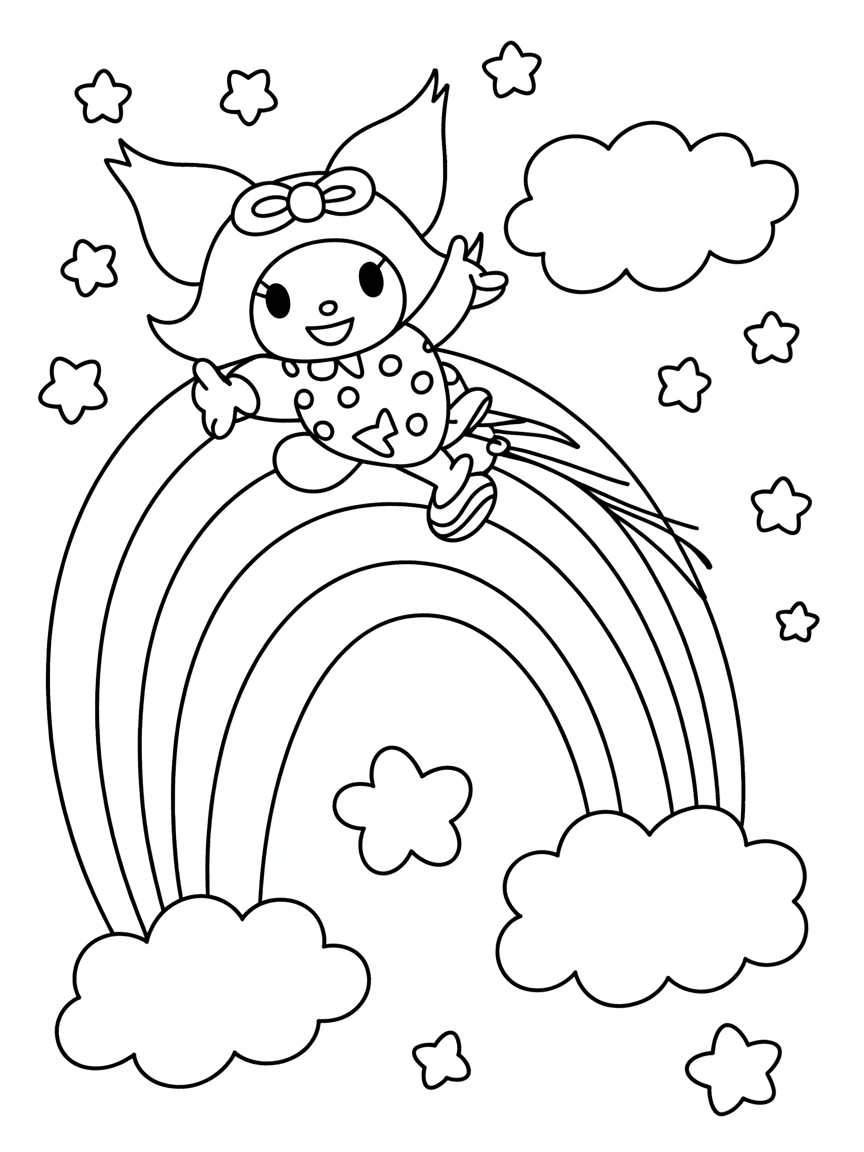 Kuromi sitting on a rainbow - Free Coloring Page