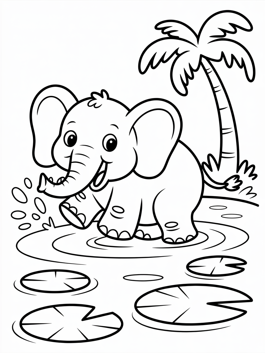 Cute elephant playing with water - Free Coloring Page
