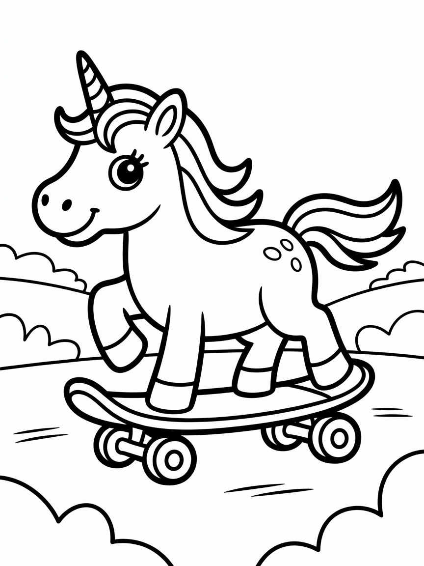 a unicorn on a skateboard - Free Coloring Page