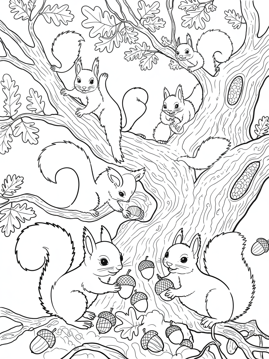 Squirrels playing in an oak tree - Free Coloring Page