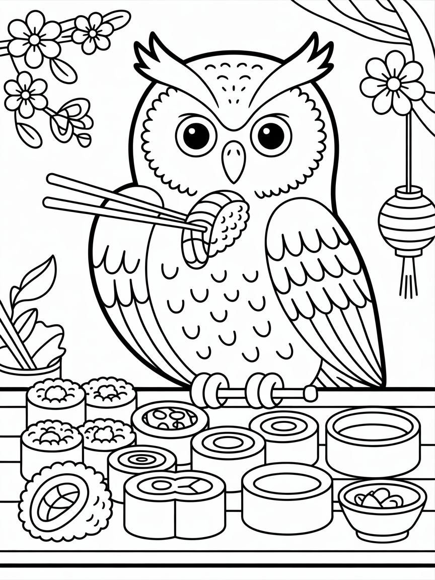 Owl eating sushi - Free Coloring Page