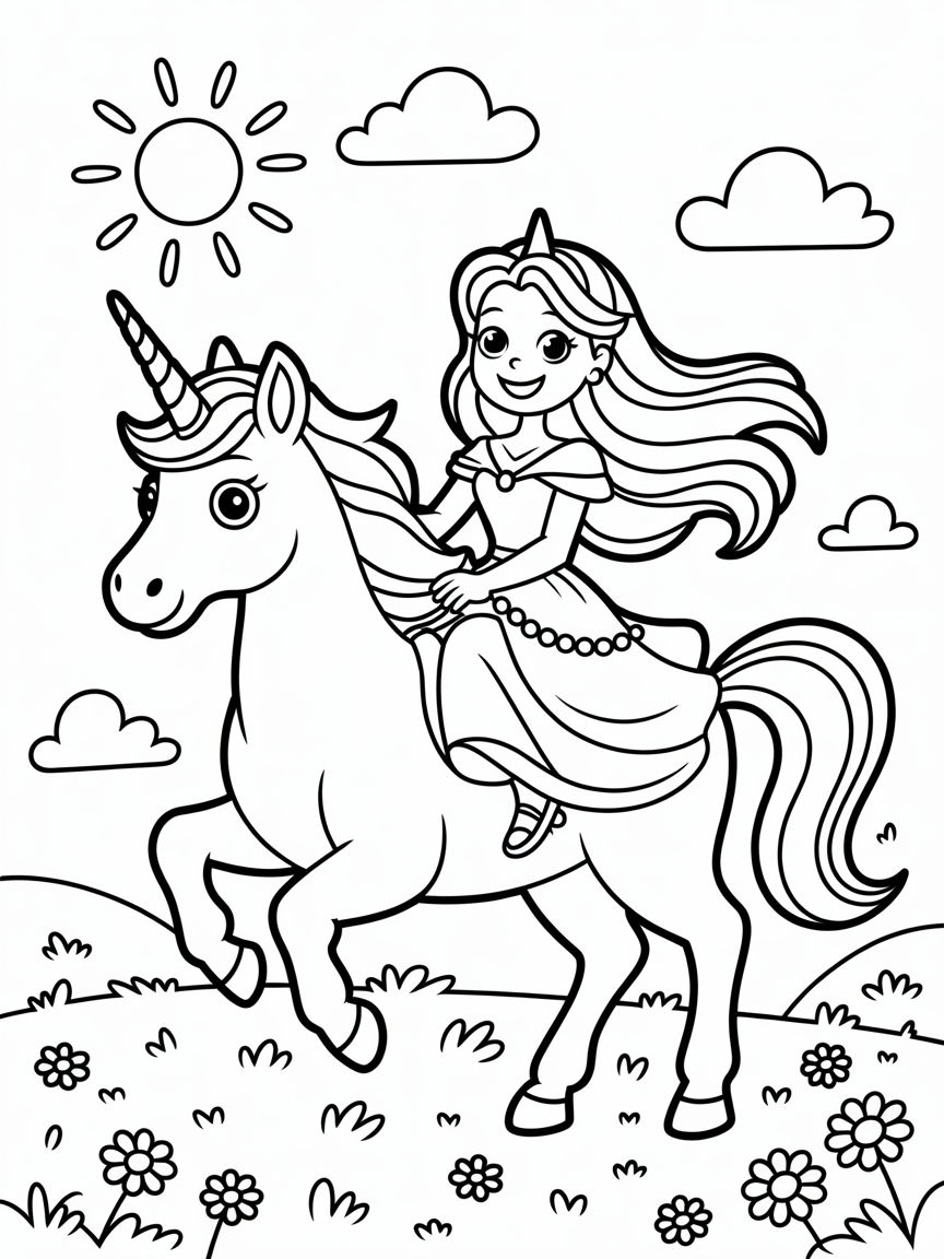 A princess riding a unicorn - Free Coloring Page