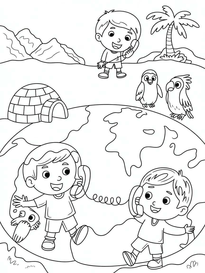 phone call from one corner to another corner of the globe - Free Coloring Page