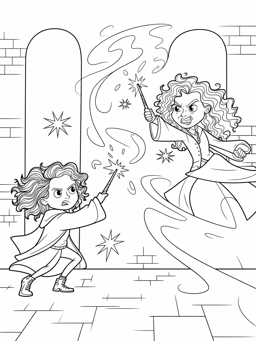 Hermione fighting bellatrix - Free Coloring Page