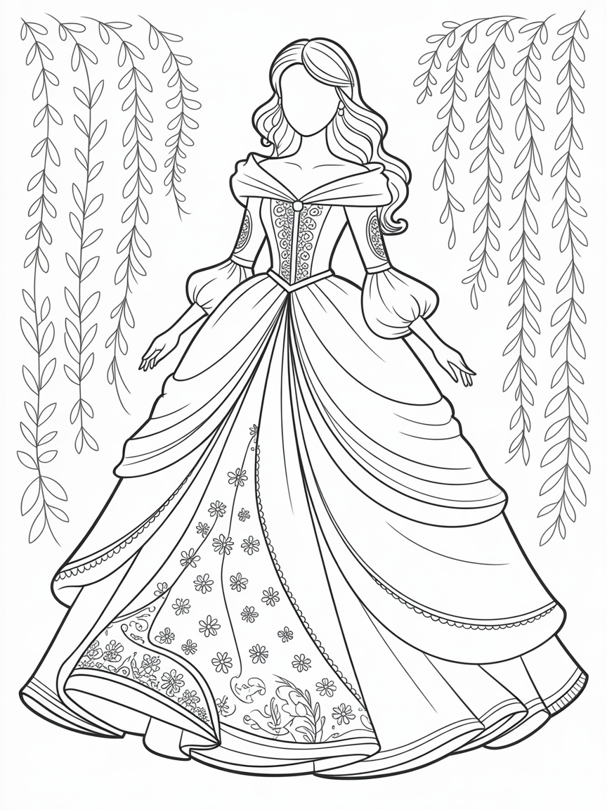 Princess gown with frills and lace - Free Coloring Page