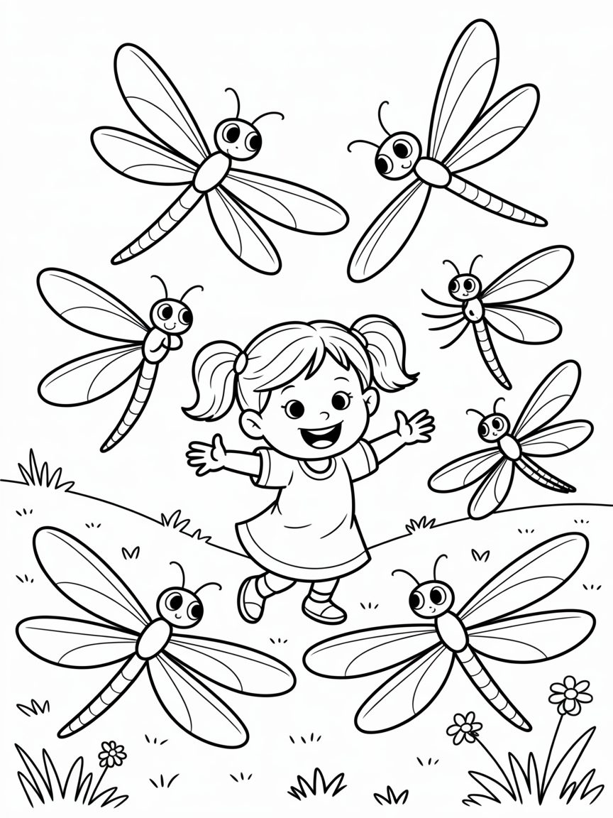 girl playing with many dragon-fly - Free Coloring Page