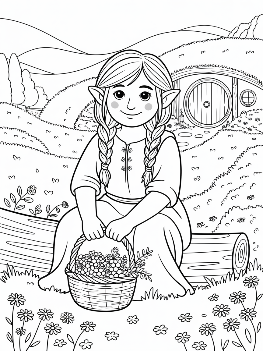 Female hobbit outside - Free Coloring Page
