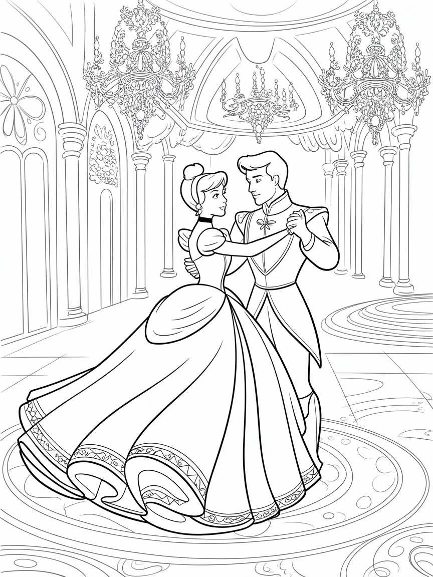 Cinderella, Line art, Monochrom, No Dark areas, white background - Free Coloring Page