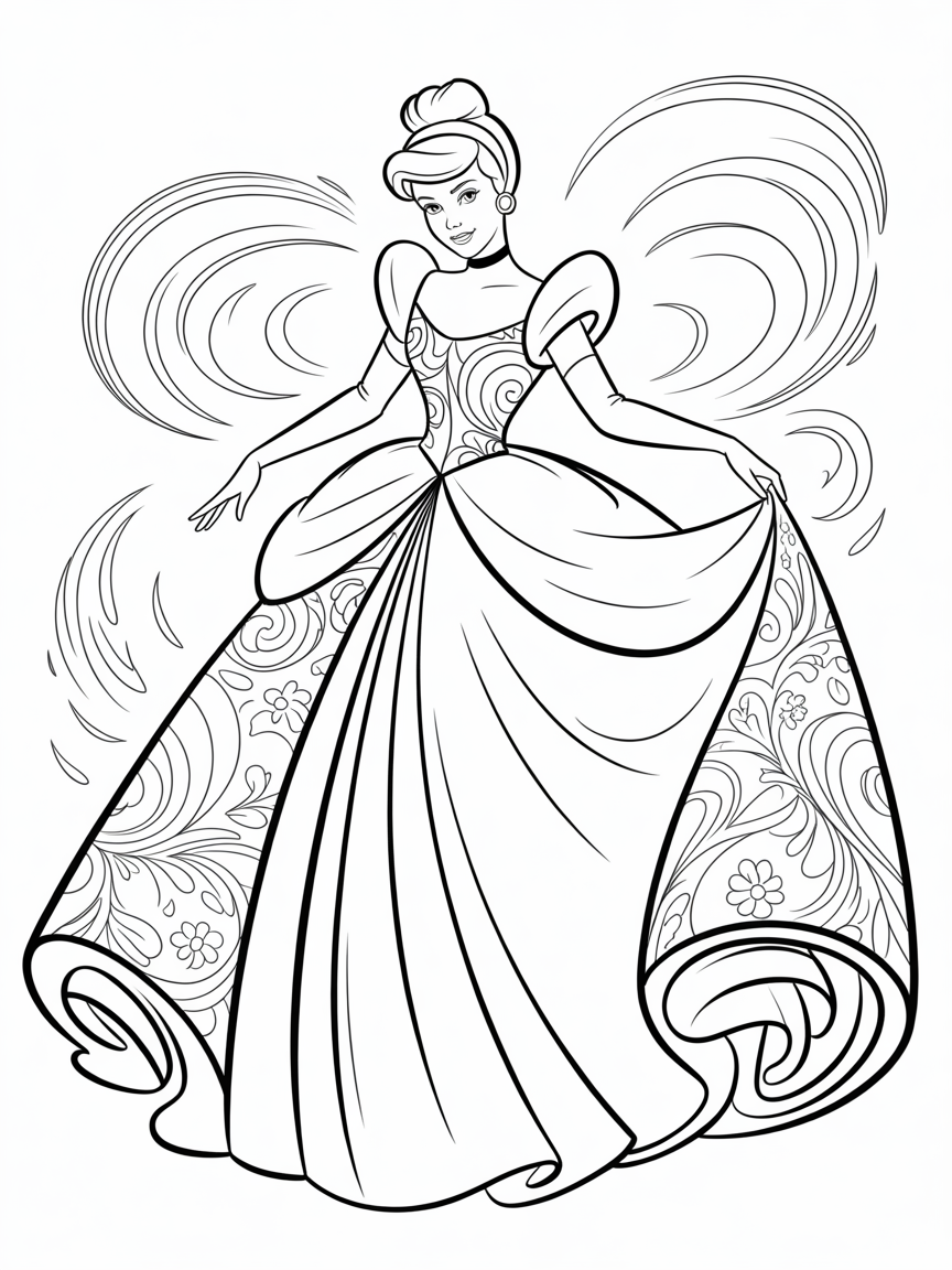 Cinderella, Line art, Monochrom, No Dark areas, white background, only Cinderalla in the picture - Free Coloring Page