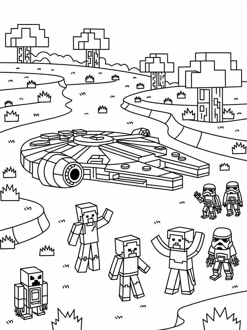 Minecraft with characters from star wars - Free Coloring Page