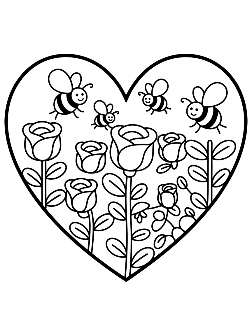 A heart and inside the heart there is a garden with roses - Free Coloring Page