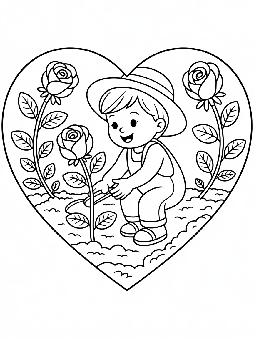 Child planting roses in the garden, everything inside a heart shape - Free Coloring Page