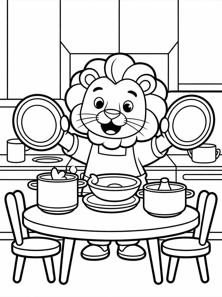 Lion doing dishes - Free Coloring Page