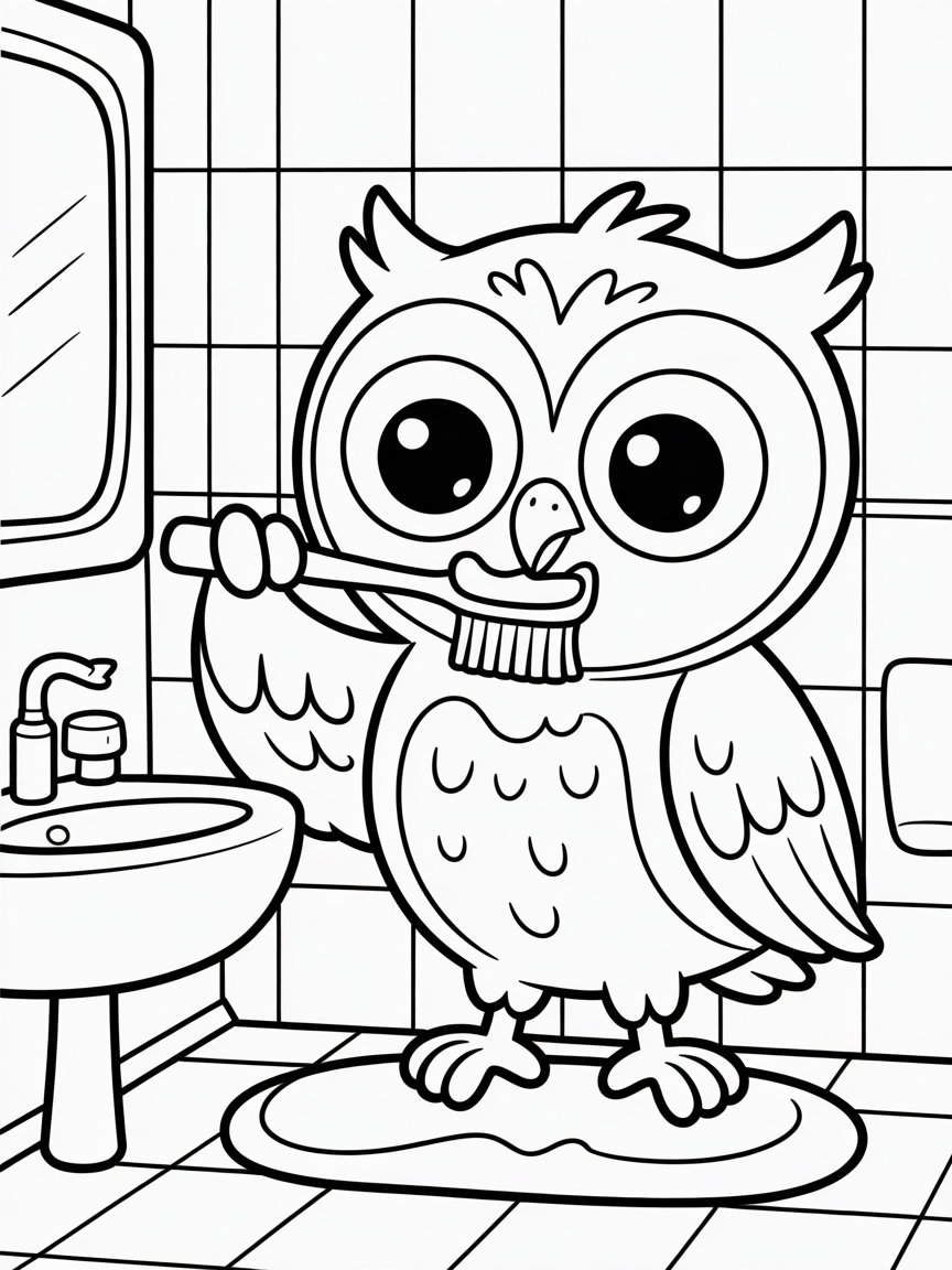 Owl brushing teeth - Free Coloring Page