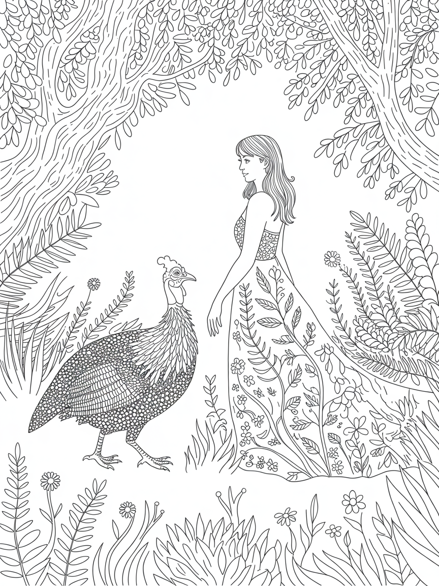 A guinea fowl and a fairy in a long dress walk through a forest clearing in the early morning - Free Coloring Page