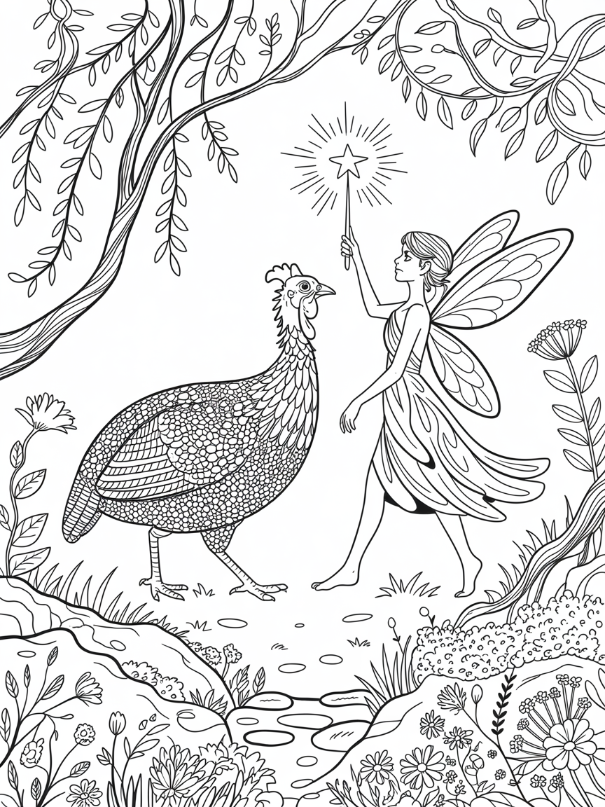 A magical guinea fowl and a skinny fairy in a long dress with a magical star pointed wand walk through a forest clearing in the early morning - Free Coloring Page